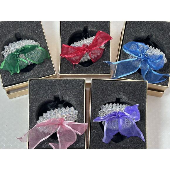 Set 5 Handblown Spun Iridescent Glass Heart Ornament w Ribbon Bows 3" Holiday - Picture 6 of 10